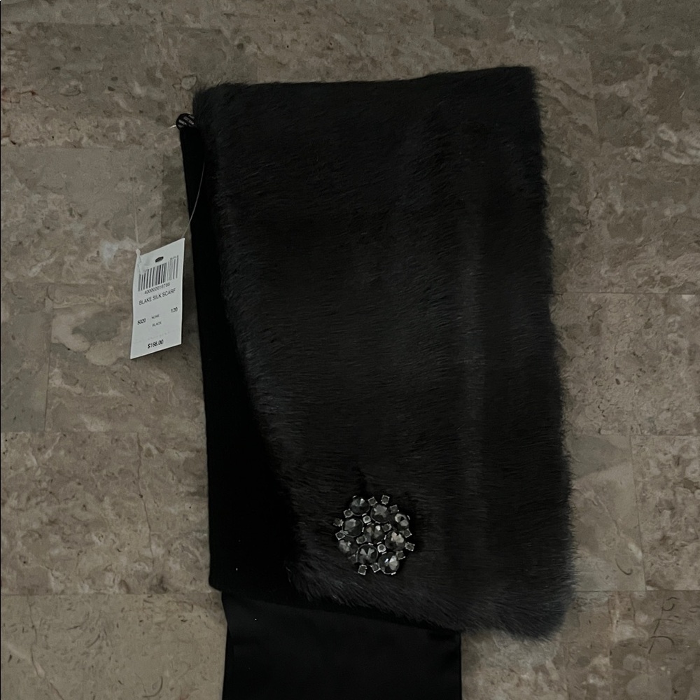 Henri Bendel Black Faux Fur Scarf with Embellishment